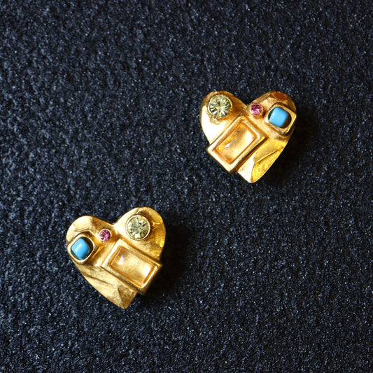 Vintage Christian Lacroix colourful lego gold-tone heart clip-on earrings