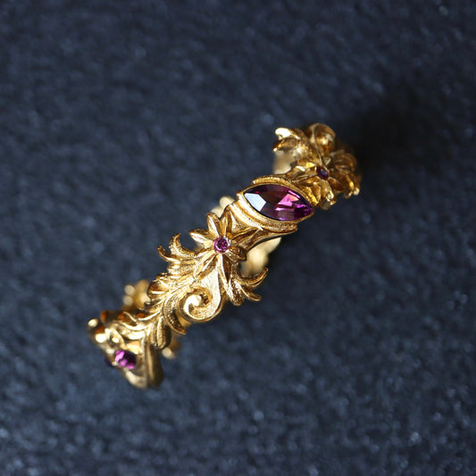 Vintage Jean Louis Scherrer purple rhinestone gold tone carving cuff bangle