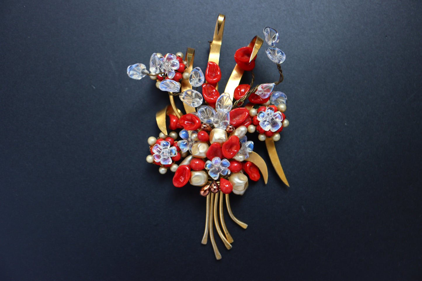 Vintage Louis Rousselet hand-crafted Glass Burgundy red bouquet brooch