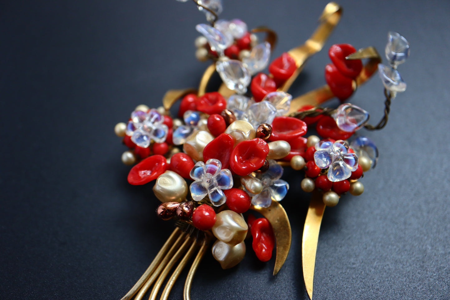 Vintage Louis Rousselet hand-crafted Glass Burgundy red bouquet brooch