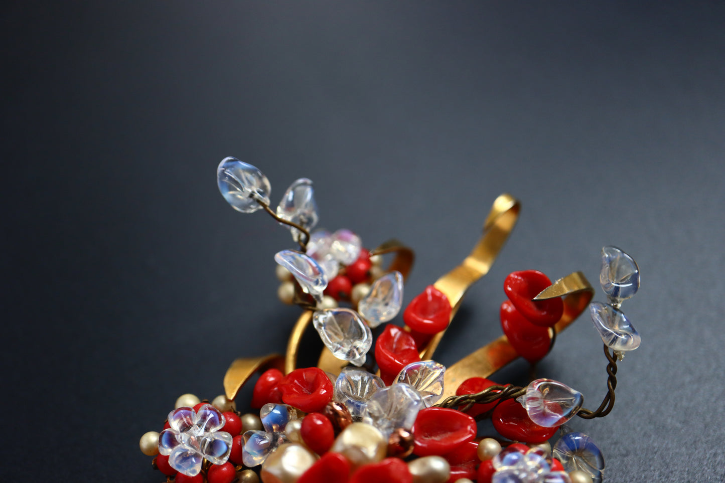 Vintage Louis Rousselet hand-crafted Glass Burgundy red bouquet brooch