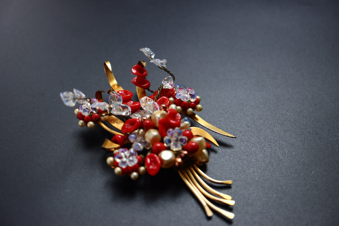 Vintage Louis Rousselet hand-crafted Glass Burgundy red bouquet brooch