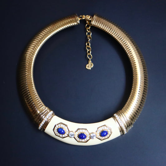 Vintage Christian Dior Lapis Lazuli Glass Cabochons Collar Necklace