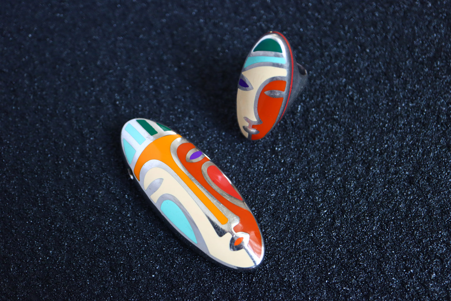 Vintage Tiziana Q Martino Italian 925 silver Picasso style mask enamel ring pendant set