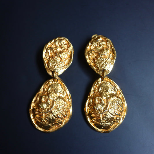 Vintage Edouard Rambaud asymmetric gold tone drop clip on earrings