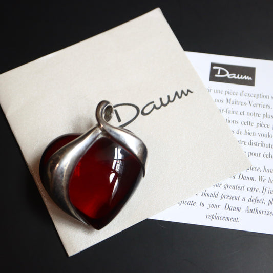 Vintage Daum Crystal red heart 925 silver ribbon pendant