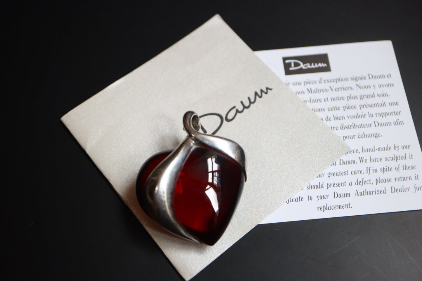Vintage Daum Crystal red heart 925 silver ribbon pendant