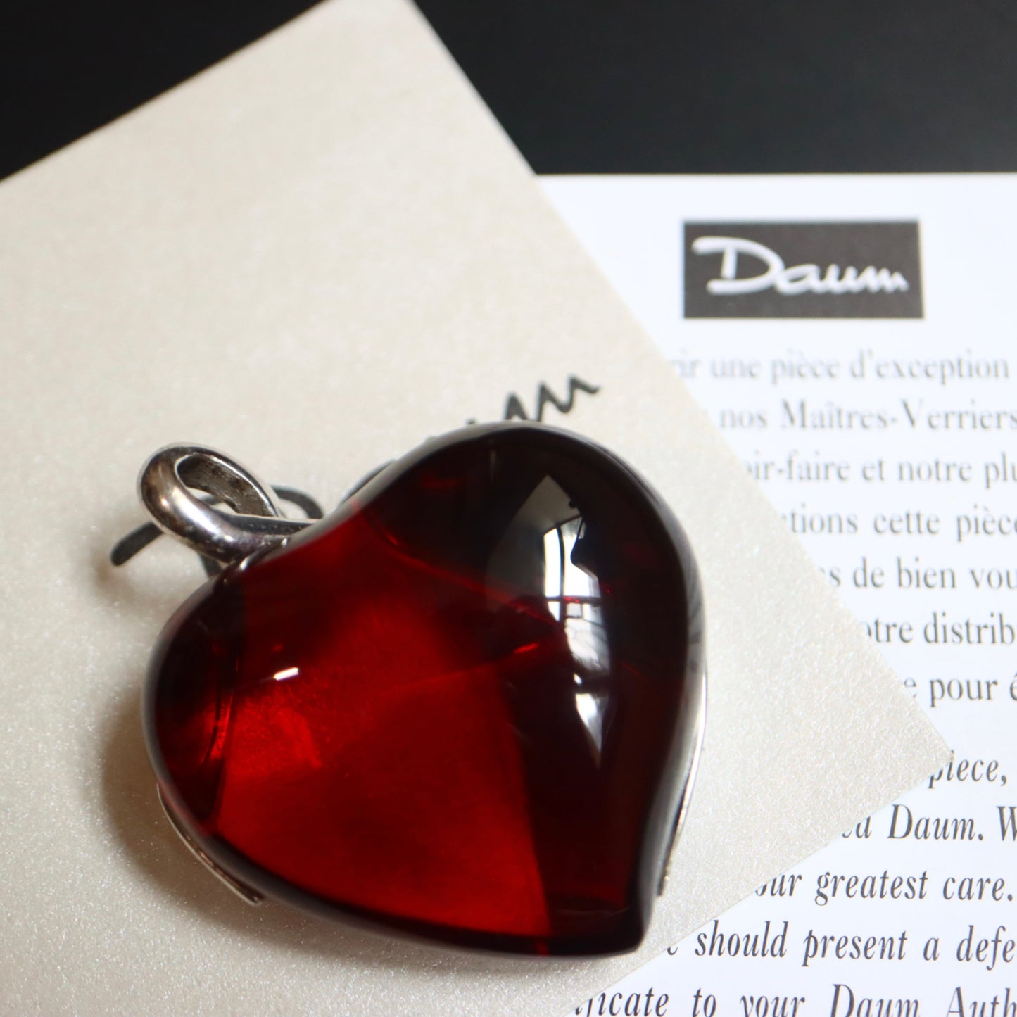 Vintage Daum Crystal red heart 925 silver ribbon pendant