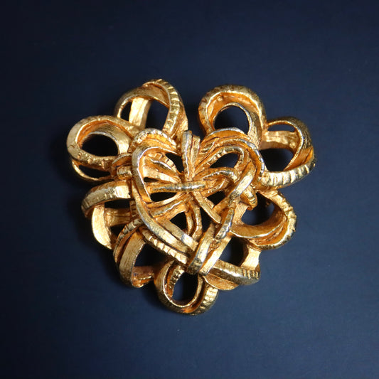 Vintage Christian Lacroix torsade heart gold tone large pendant brooch