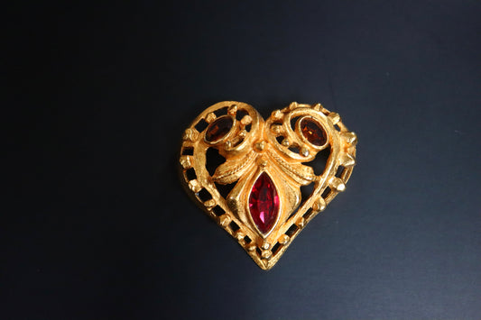 Vintage Christian Lacroix heart rhinestone gold tone brooch