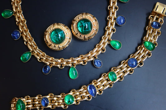 Vintage Christian Dior glass cabochon necklace bracelet clip on earrings set