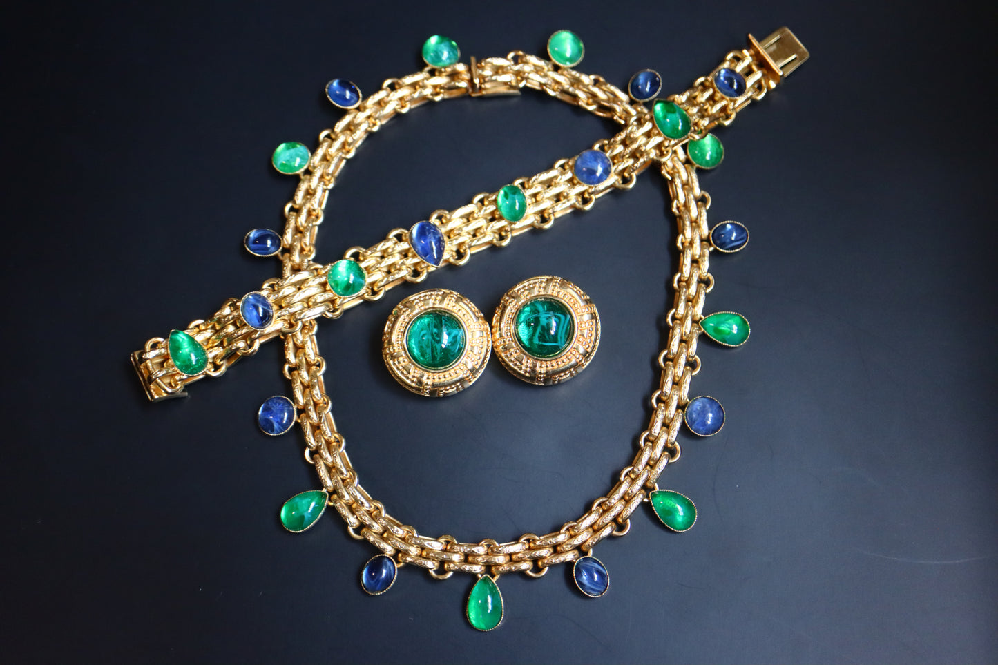 Vintage Christian Dior glass cabochon necklace bracelet clip on earrings set