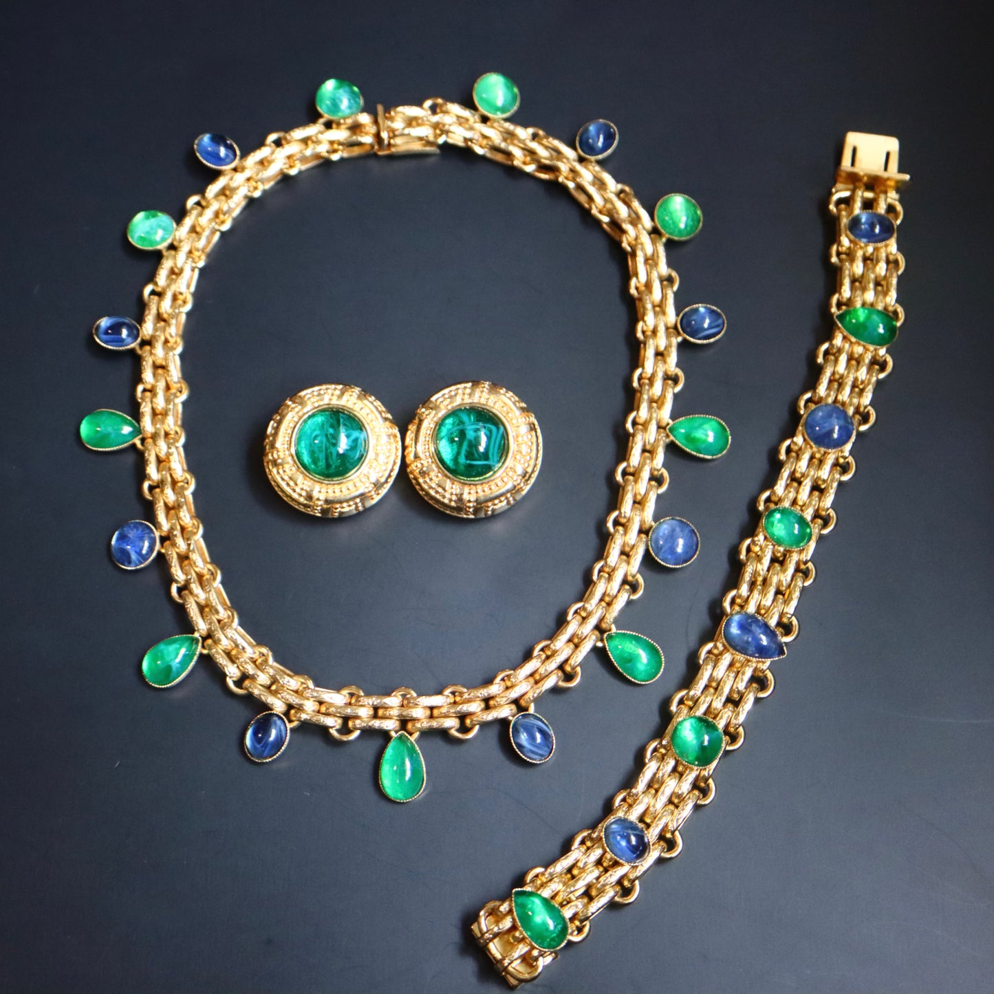 Vintage Christian Dior glass cabochon necklace bracelet clip on earrings set