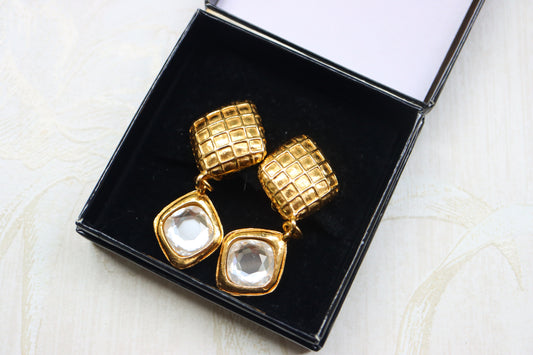 Vintage Chanel 1970s gold tone quilted drop rhinestone clip on earrings