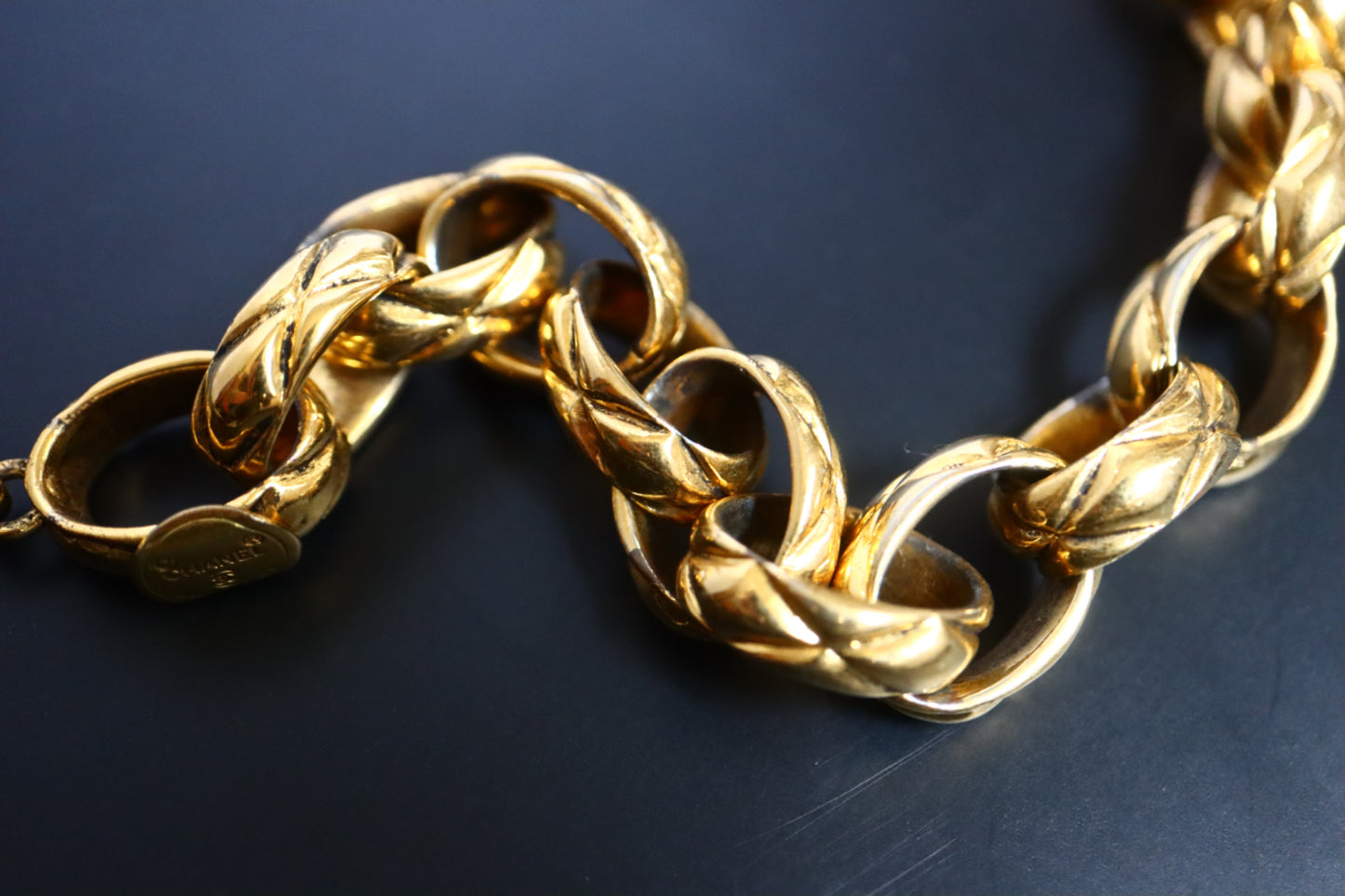 Vintage 1970s Chanel quilted gold tone chain bracelet