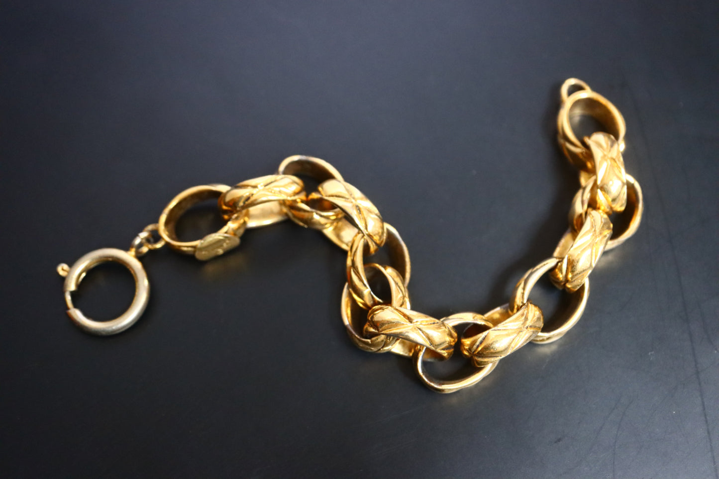 Vintage 1970s Chanel quilted gold tone chain bracelet