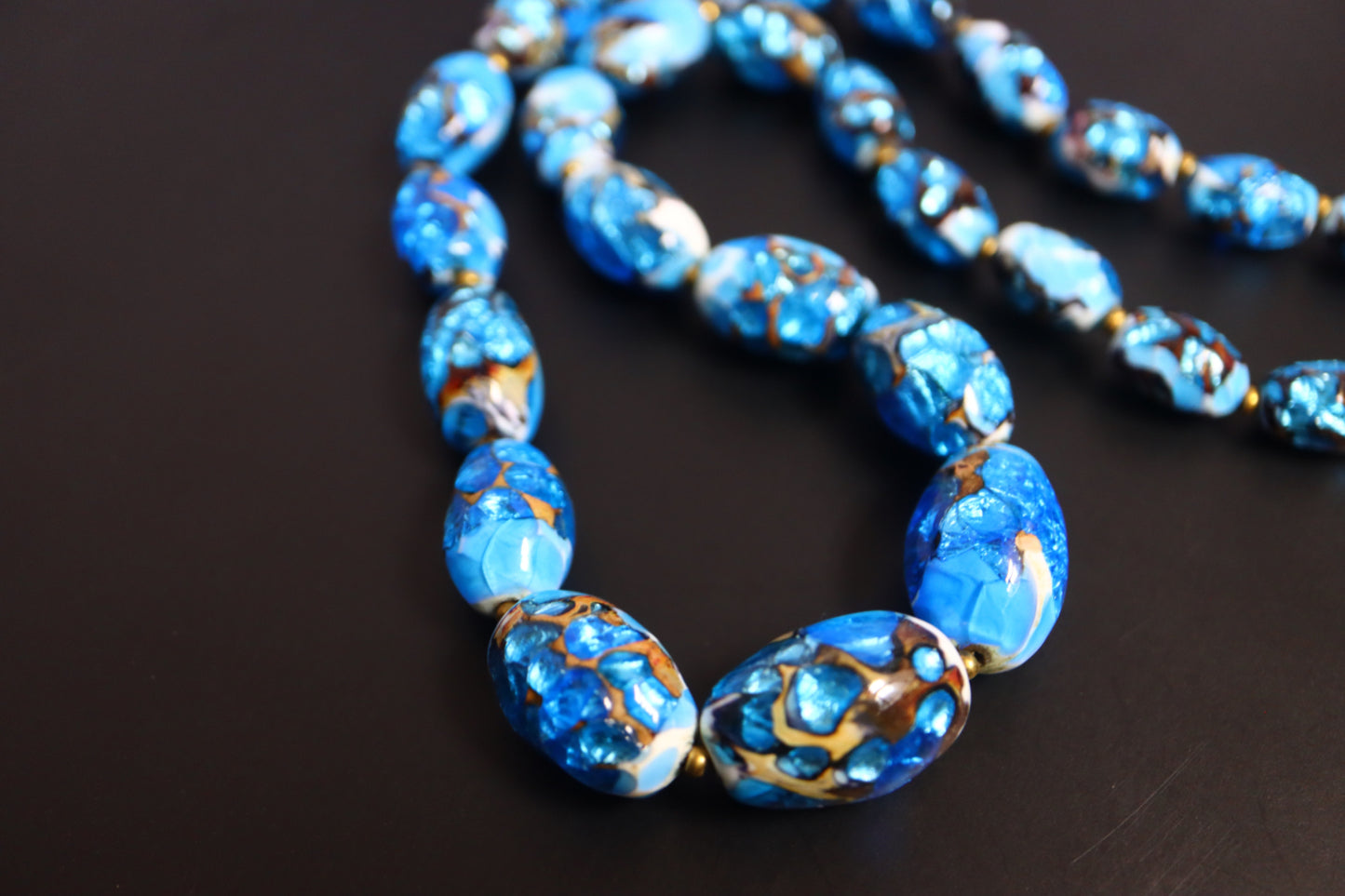 Vintage foiled blue glass bead necklace and Limoges enamel clip-on earrings set