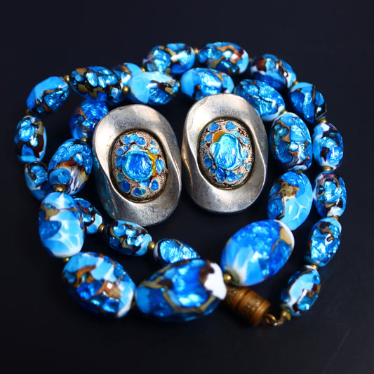 Vintage foiled blue glass bead necklace and Limoges enamel clip-on earrings set
