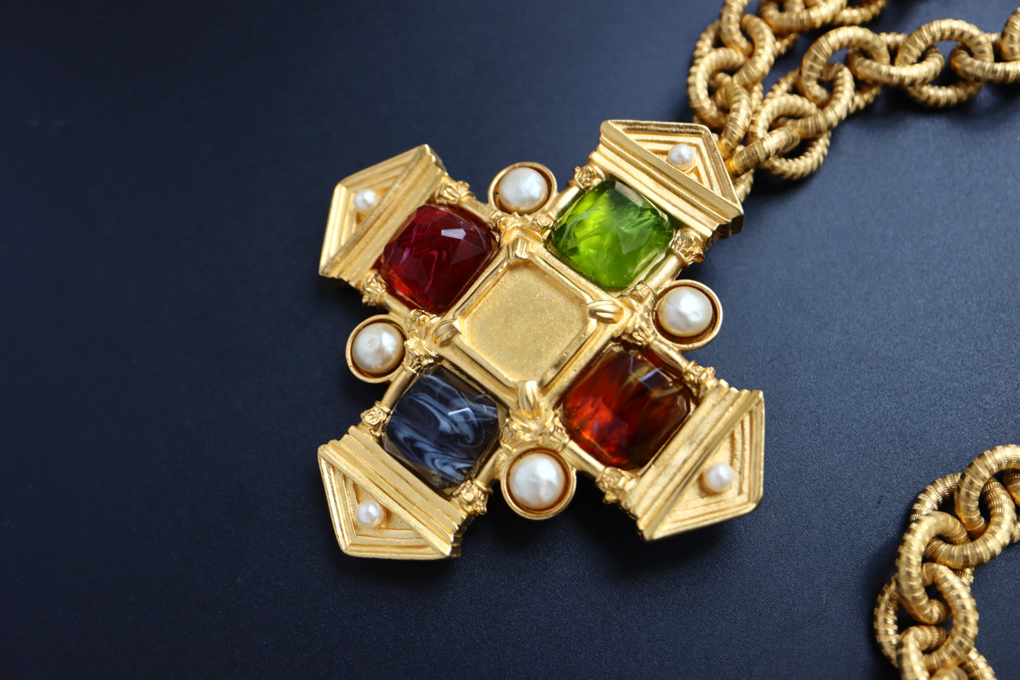 Vintage Karl Lagerfeld Glass Cabochon Greek Temple Door necklace brooch
