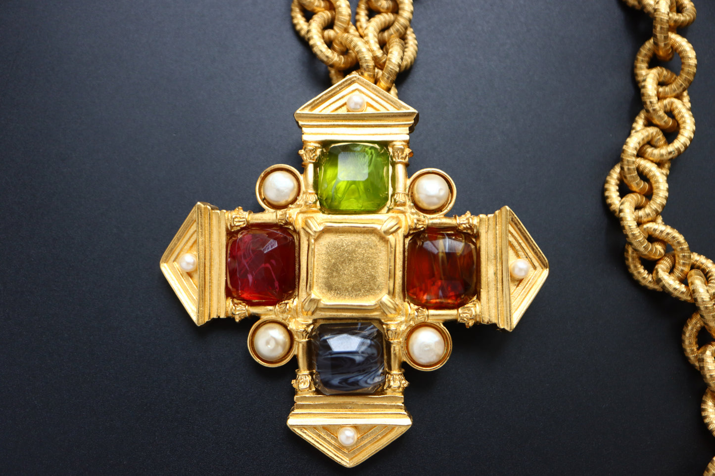 Vintage Karl Lagerfeld Glass Cabochon Greek Temple Door necklace brooch