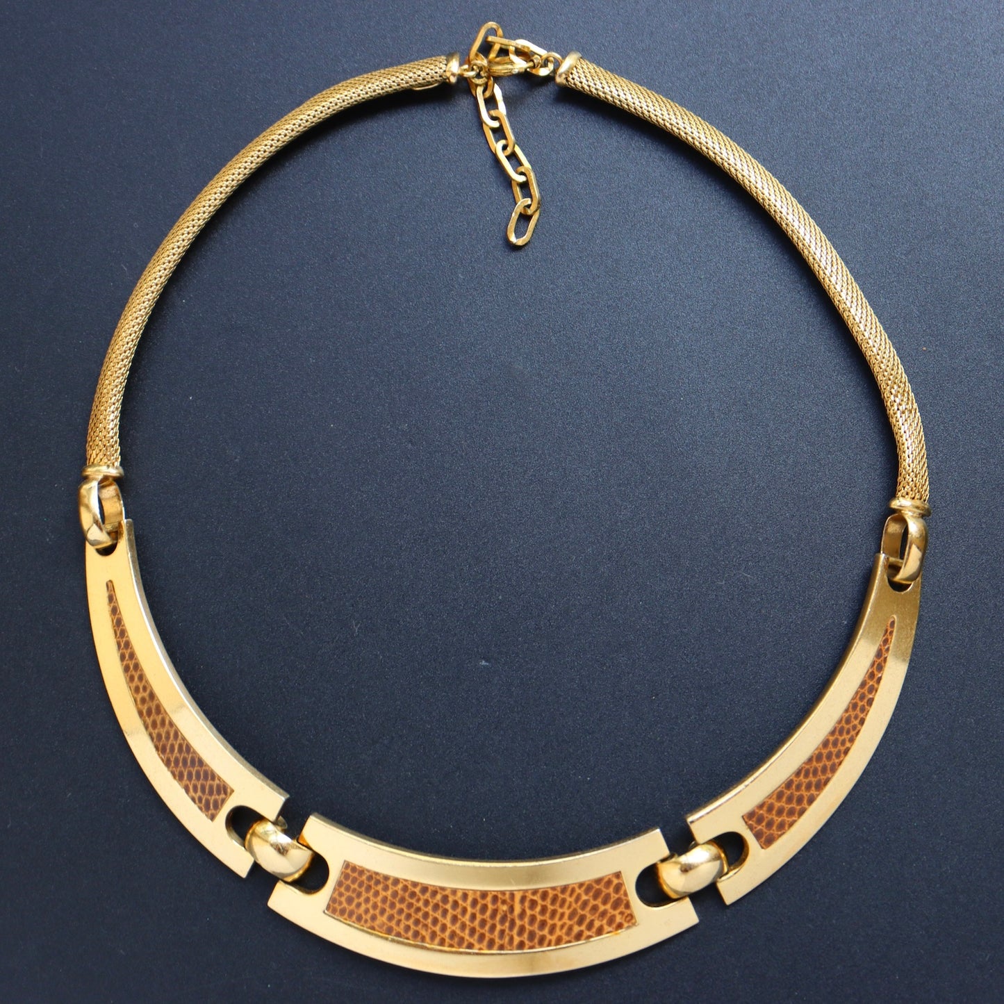 Vintage 1972 Henkel & Grossé Germany lizard leather gold-tone collar necklace