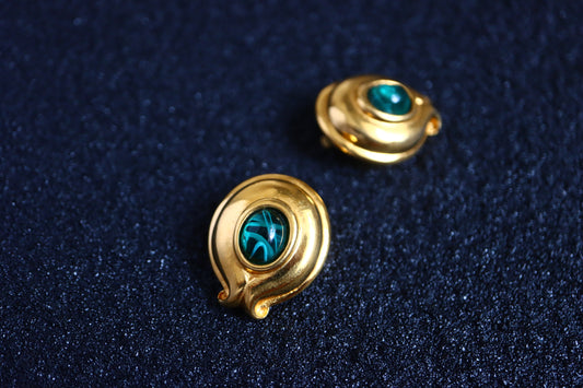 Vintage Fendi gold-tone tulip shape green glass cabochon clip-on earrings