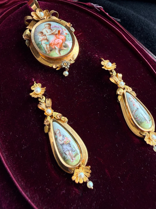 ANTIQUE French 18K Gold Hand-Painted Miniature Porcelain & Seed Pearl Parure Set (Pendant & Earrings) with Fitted Original Box