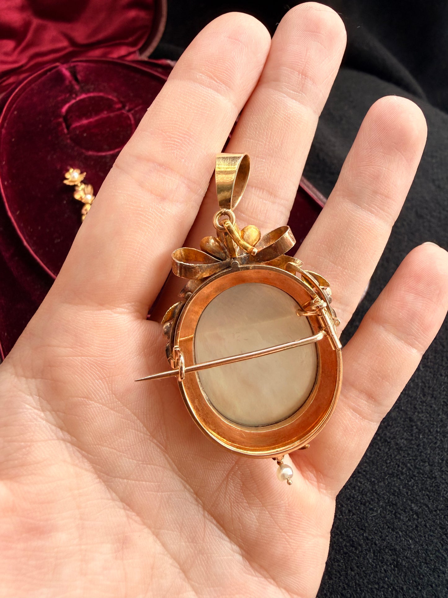 ANTIQUE French 18K Gold Hand-Painted Miniature Porcelain & Seed Pearl Parure Set (Pendant & Earrings) with Fitted Original Box