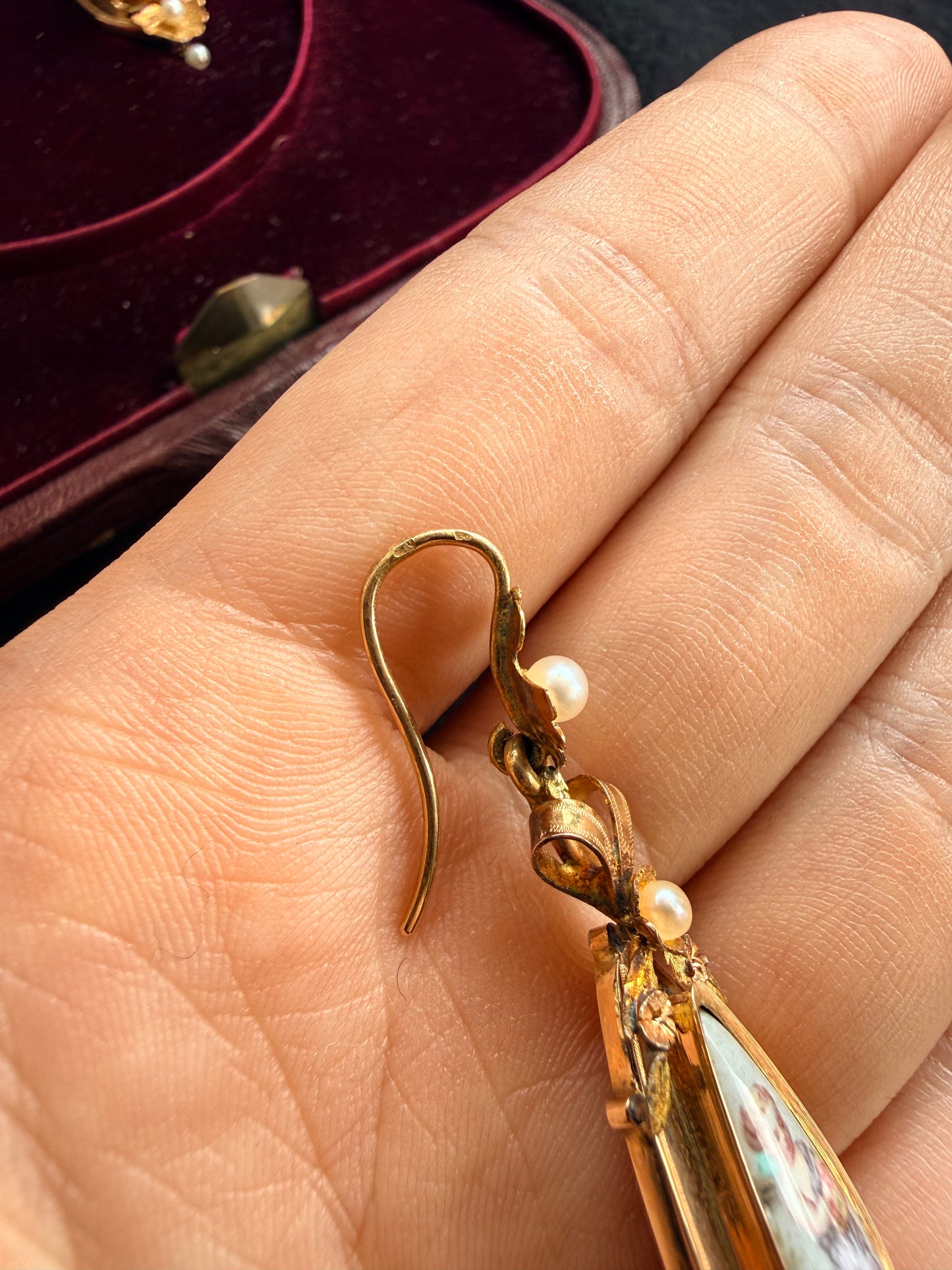 ANTIQUE French 18K Gold Hand-Painted Miniature Porcelain & Seed Pearl Parure Set (Pendant & Earrings) with Fitted Original Box