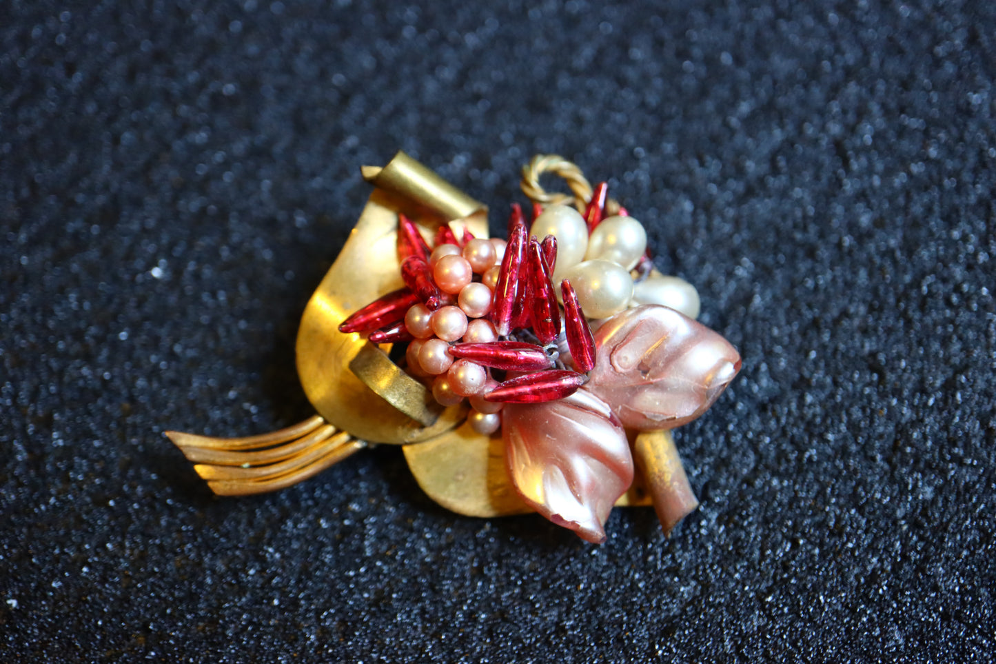 Vintage Louis Rousselet hand-crafted Glass Burgundy red faux pearls brooch