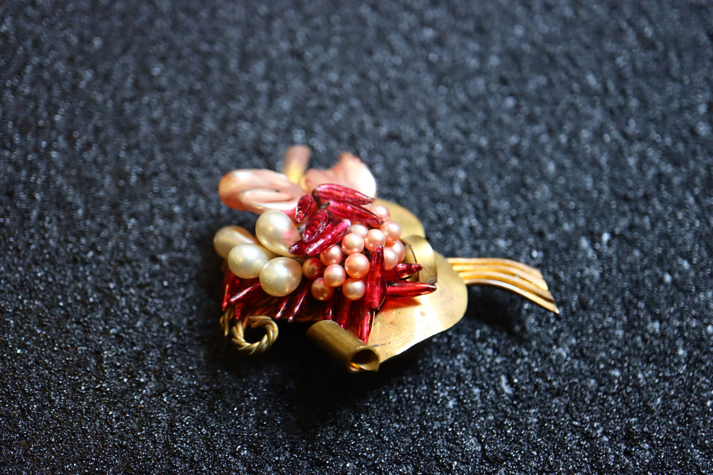 Vintage Louis Rousselet hand-crafted Glass Burgundy red faux pearls brooch