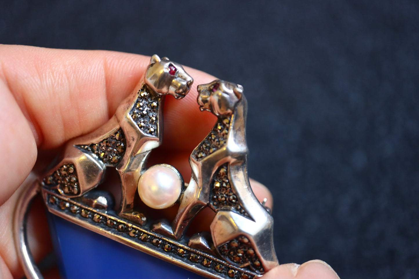 Vintage Art Deco 925 silver Panther blue crystal Pearl brooch