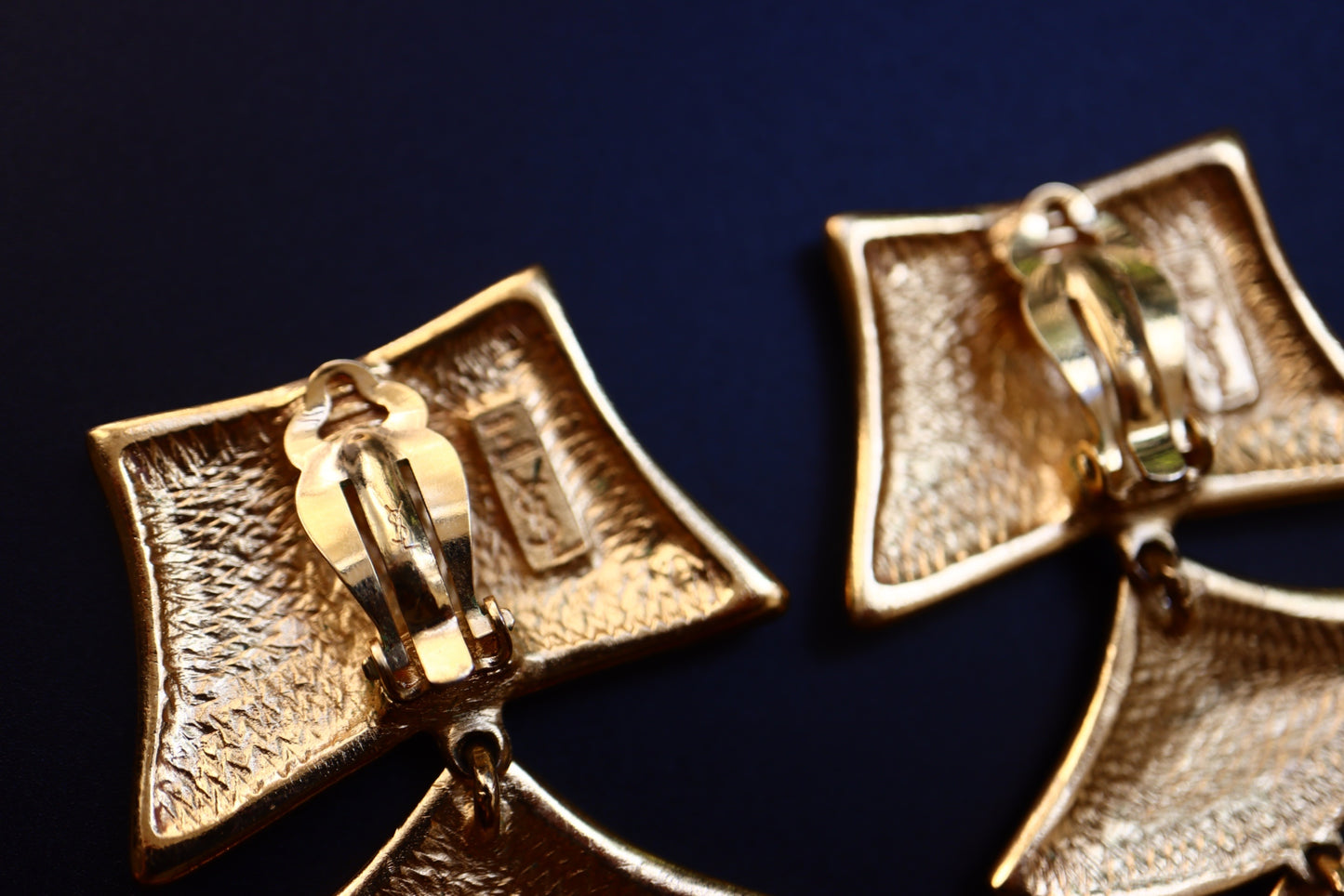 Vintage Yves Saint Laurent YSL textured geometrical gold-tone long clip-on earrings