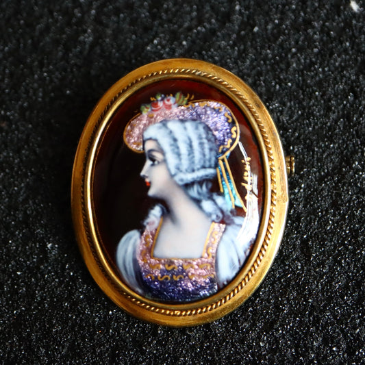 Vintage French silver portrait miniatures Limoges enamel Brooch