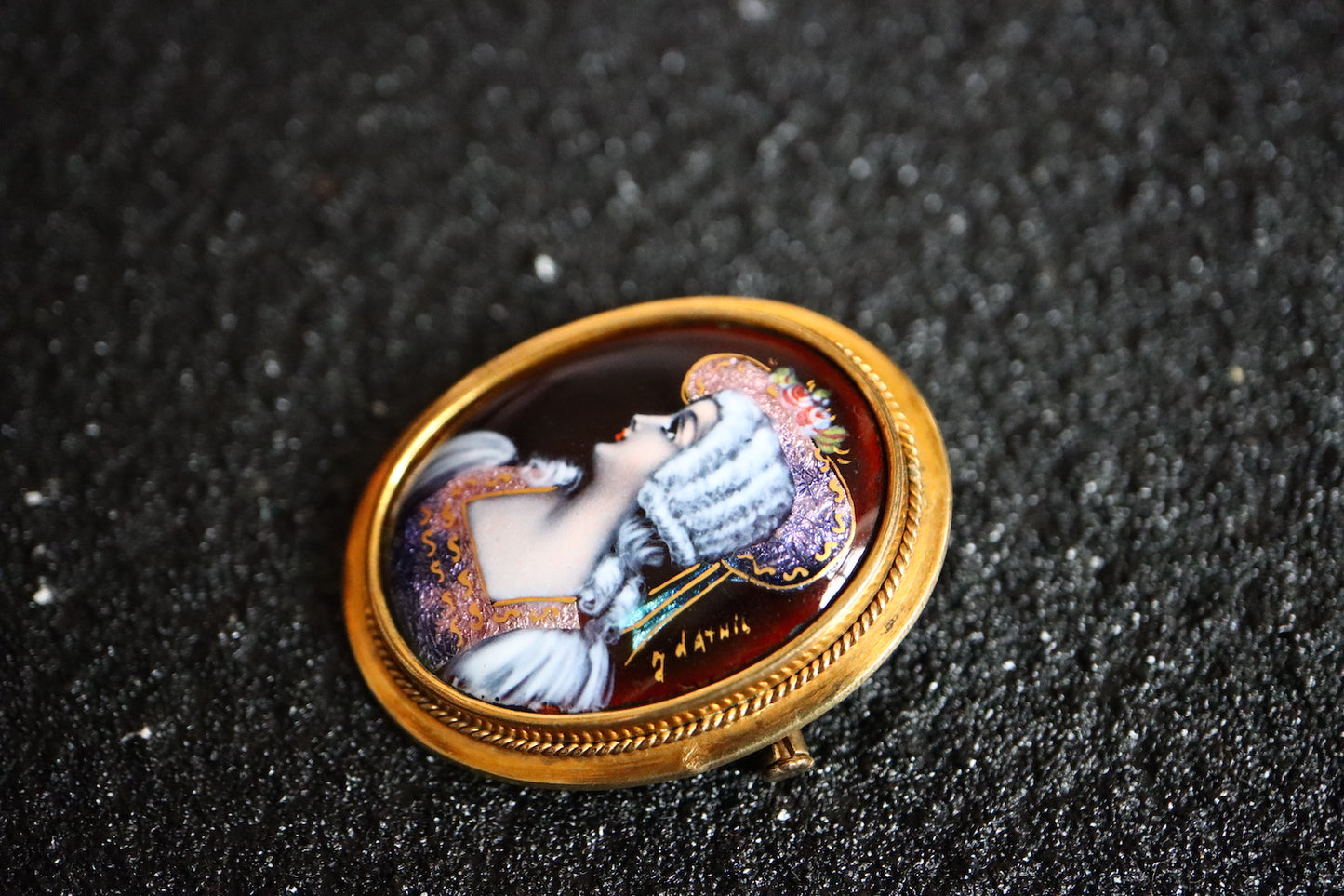 Vintage French silver portrait miniatures Limoges enamel Brooch