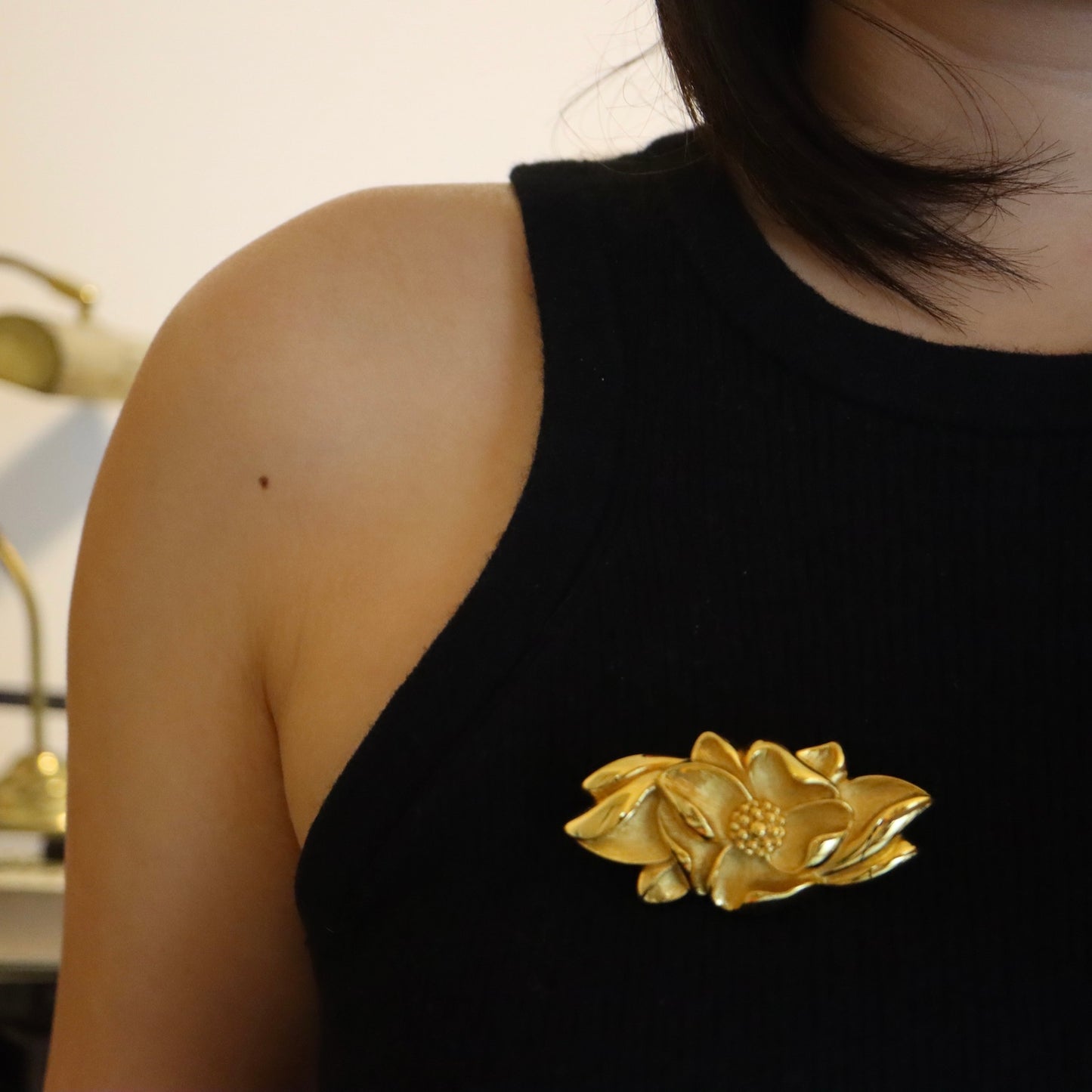 Vintage Lanvin Germany rich gold-tone sculptured flower brooch