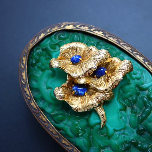 Vintage 1967 Henkel & Grossé lazuline blue glass cabochon leaves brooch