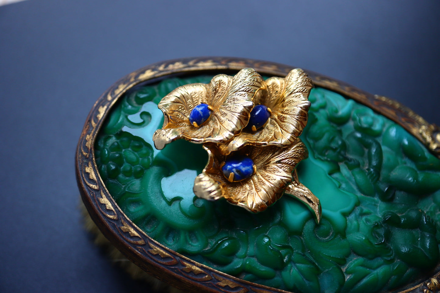 Vintage 1967 Henkel & Grossé lazuline blue glass cabochon leaves brooch