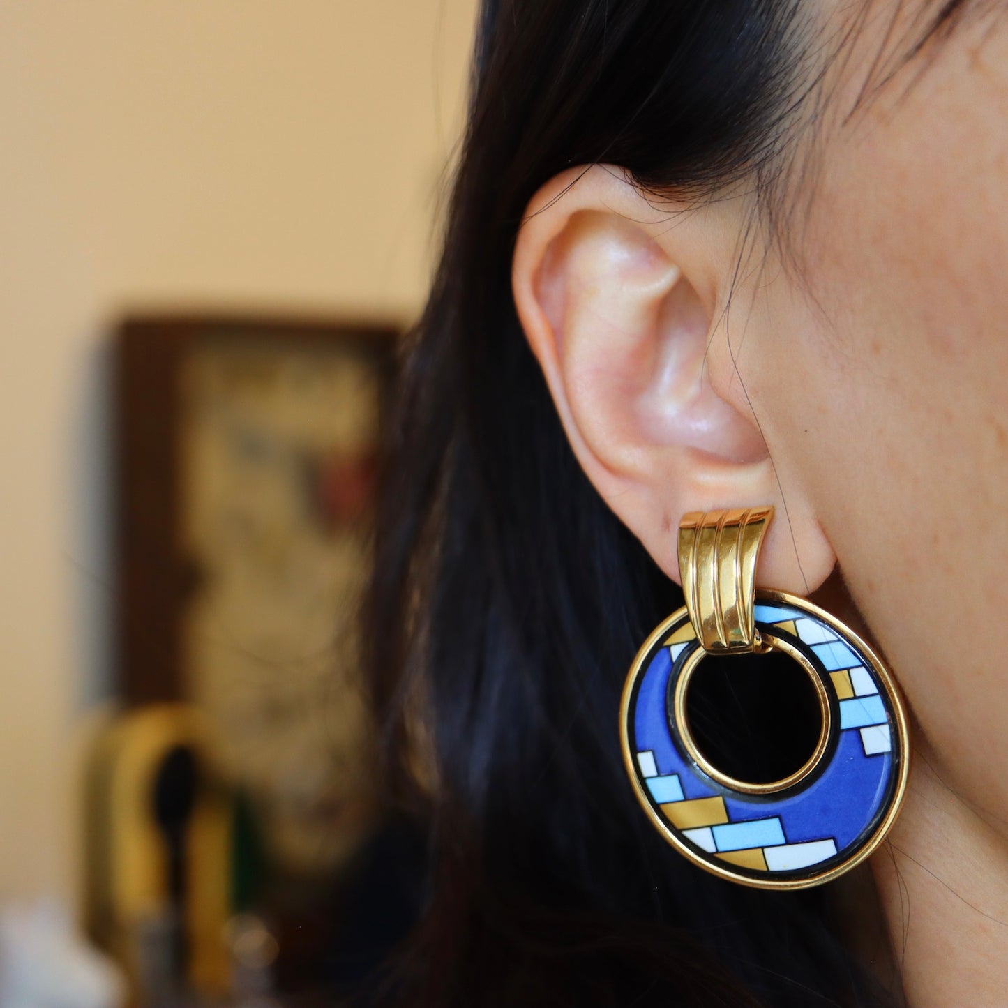 Vintage Michaela Frey Art Deco Blue door knot shape earrings