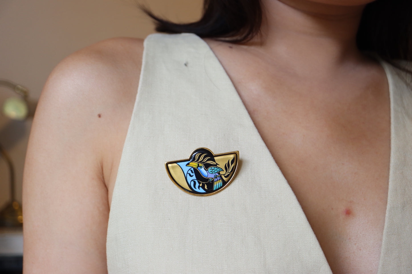 Vintage Michaela Frey Team Tropical woodpecker enamel brooch