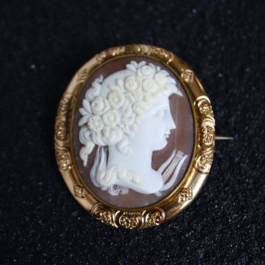 VINTAGE Hand-Carved Shell Cameo Greek Maiden with Lyre Brooch