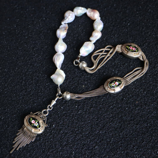 Remake Antique French Silver enamel Pocket watch chain and fob pearl necklace
