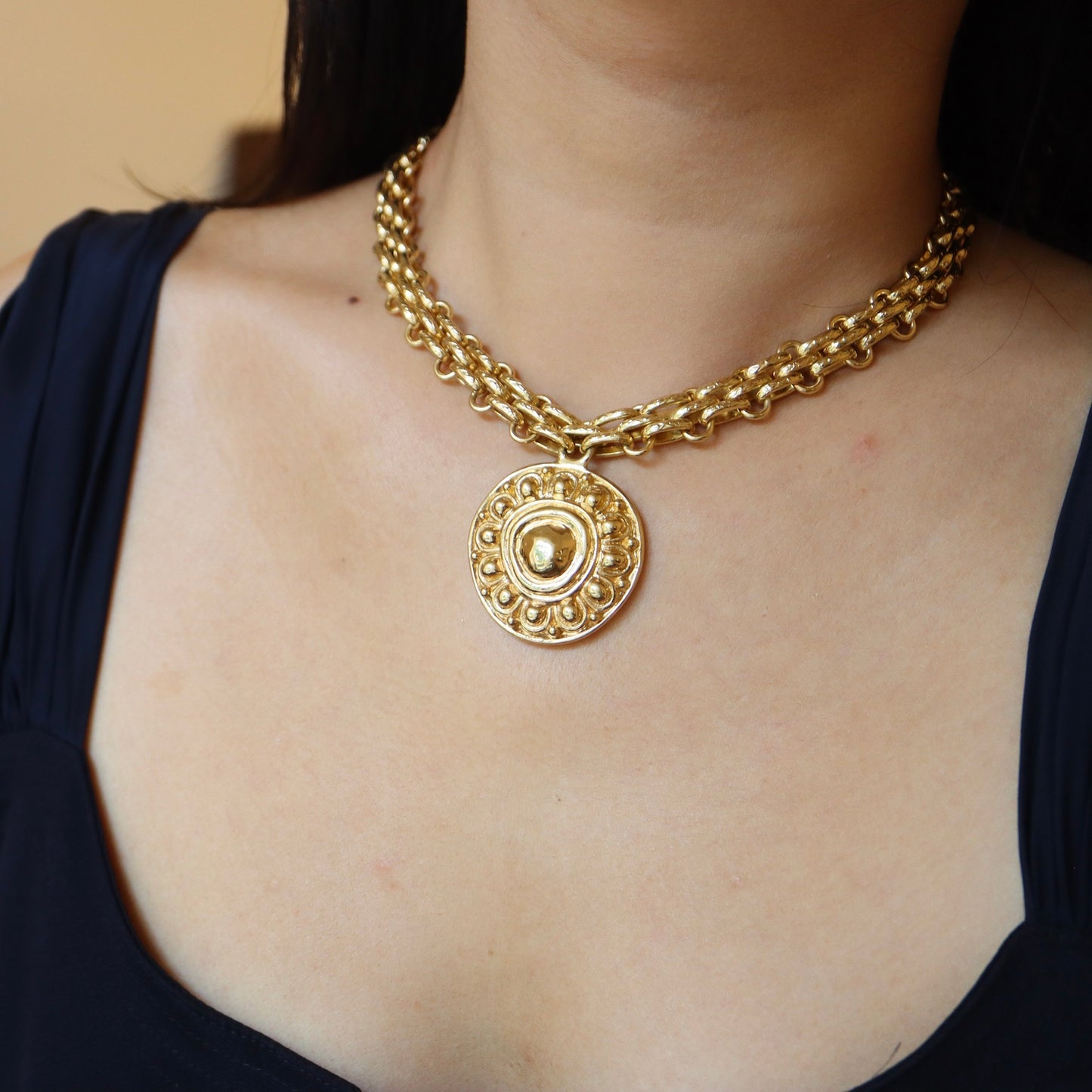 Vintage Christian Dior Gold tone embossed Byzantine necklace