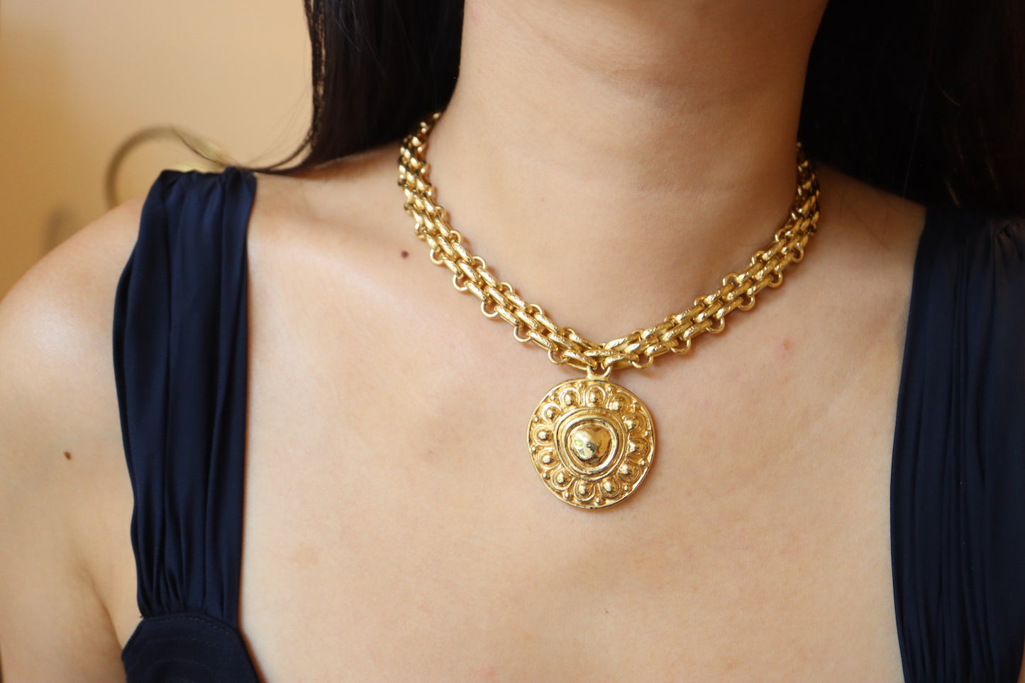 Vintage Christian Dior Gold tone embossed Byzantine necklace