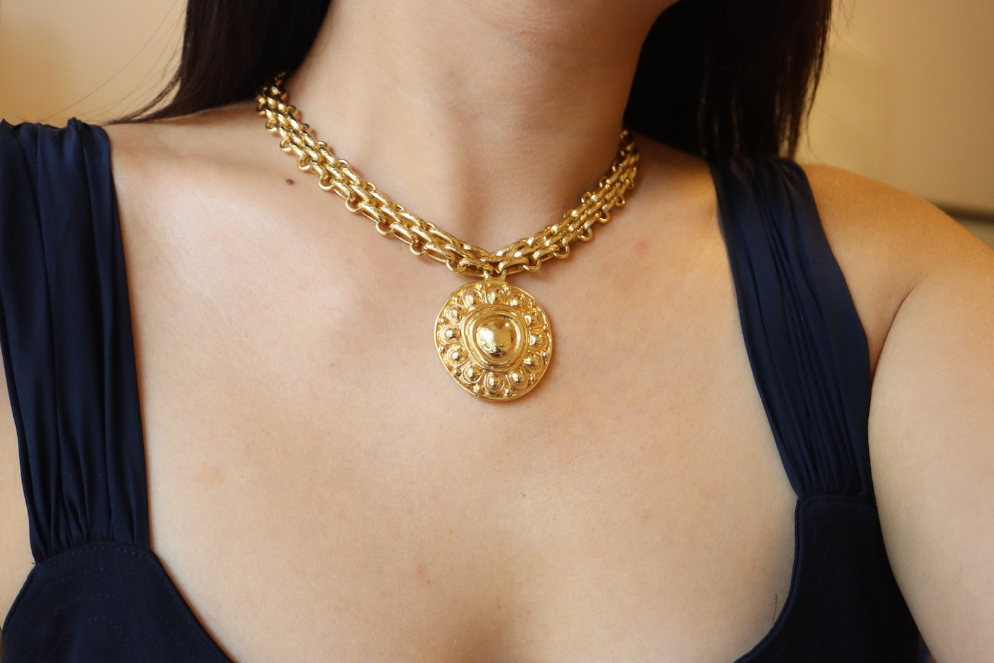 Vintage Christian Dior Gold tone embossed Byzantine necklace