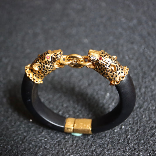 VINTAGE FRANKLIN MINT 1987 Double Leopard Head Faux Ebony Bangle Bracelet