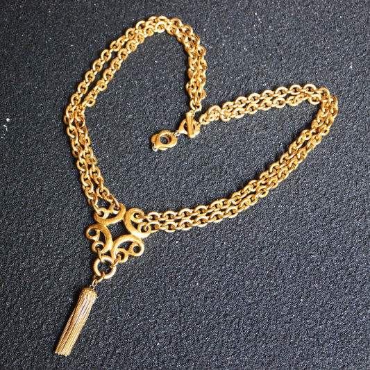 VINTAGE YSL Gold-Tone double layer Knot & Tassel Sautoir Necklace