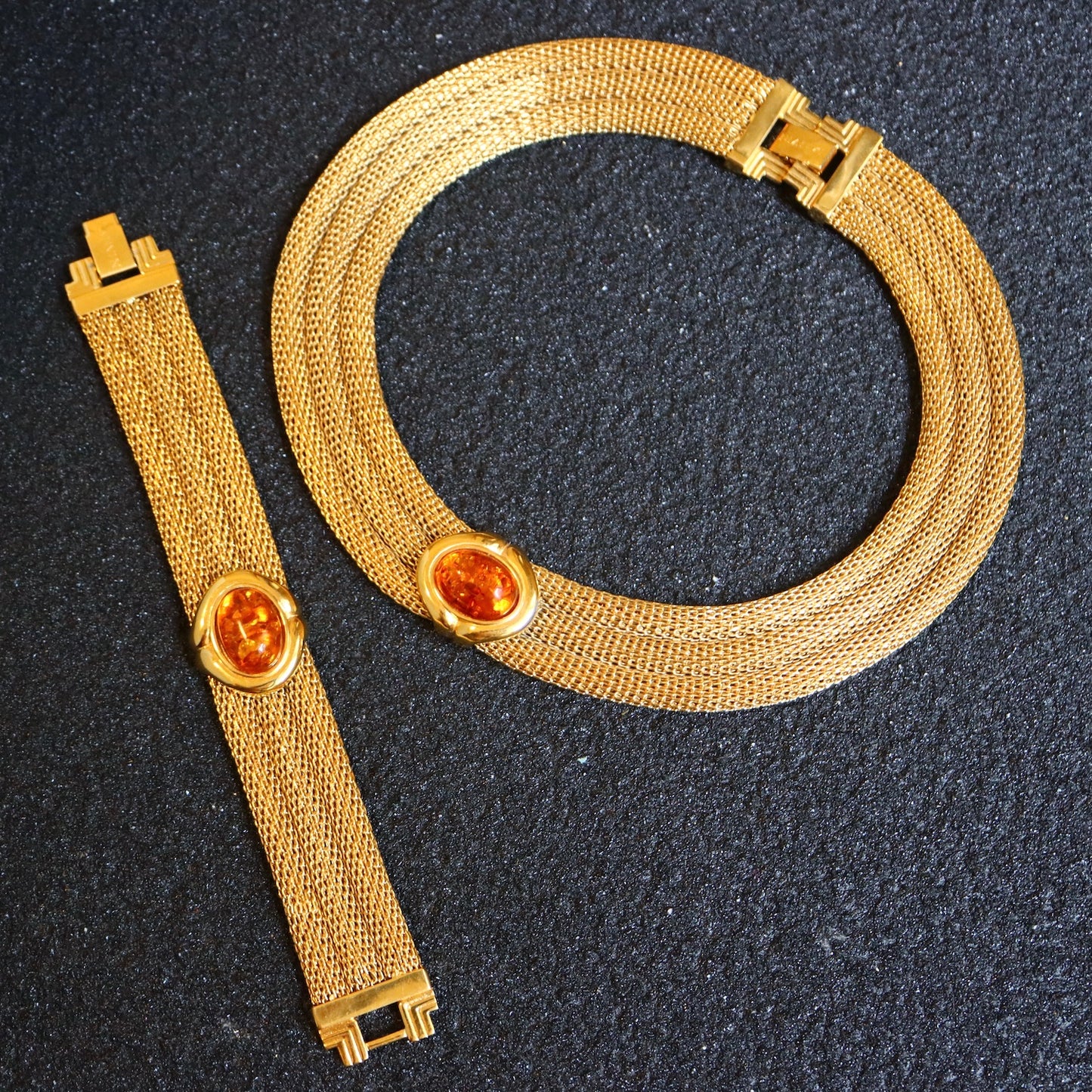 VINTAGE LANVIN Germany Woven Mesh Faux Amber Cabochon Necklace & Bracelet Set
