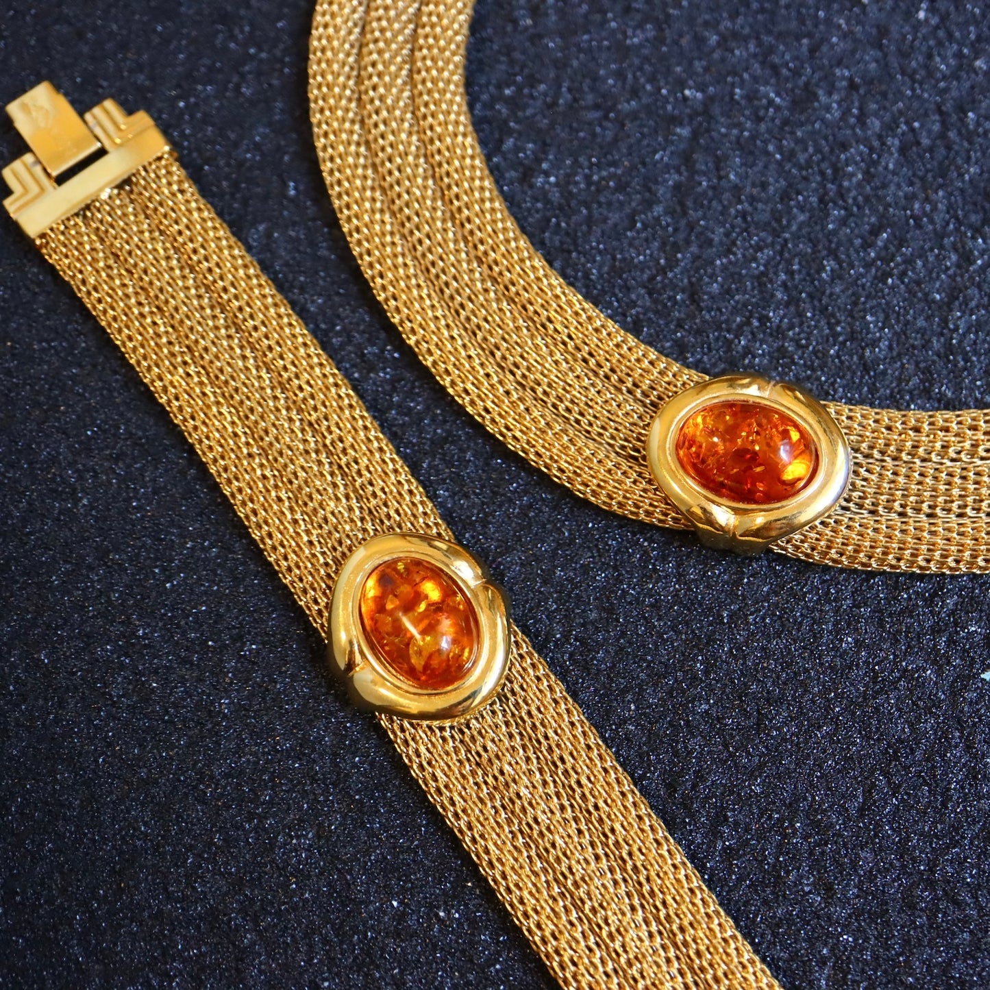 VINTAGE LANVIN Germany Woven Mesh Faux Amber Cabochon Necklace & Bracelet Set
