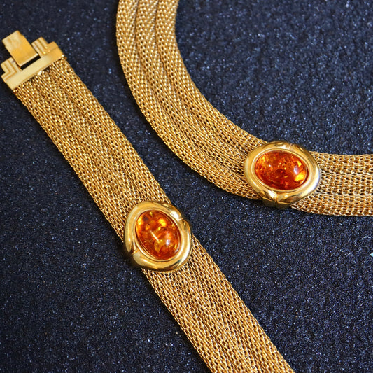 VINTAGE LANVIN Germany Woven Mesh Faux Amber Cabochon Necklace & Bracelet Set